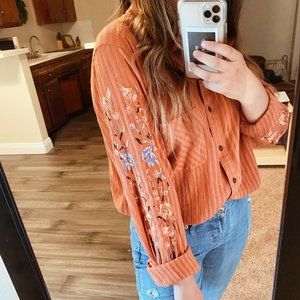 Boho Vintage Floral Embroidered Button-Down Top
